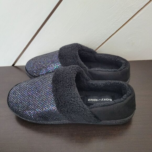 NEW Easy Spirit Womens Size 5-6 S Faux Fur Lined Slip-On Slippers Sparkle Black - Picture 2 of 8